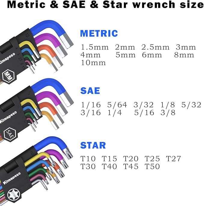 27 PCS Allen Key Set Torx SAE Metric Allen Wrenches Set Long Arm Ball End Hex Key Wrench Sets with T-Handle L-Hex Key Set Metric 1.5 to 10mm SAE 1/16 to 3/8″ Torx T10 to T50