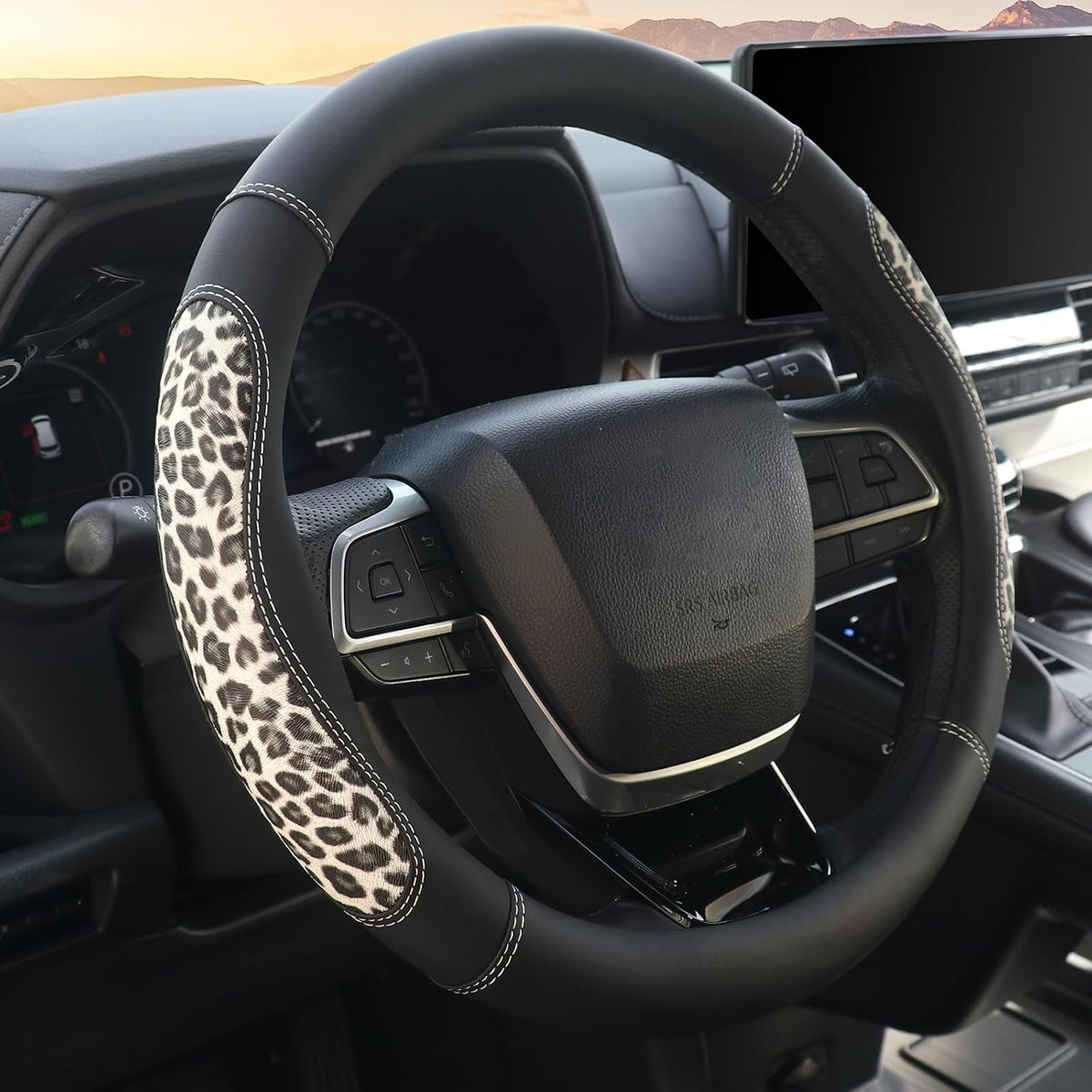 KAFEEK 15 in Leopard Steering Wheel Cover, Microfiber Leather, Black Beige