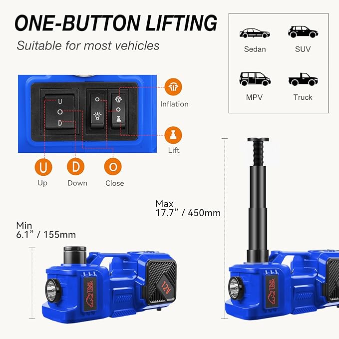 Electric Car Jack Kit with Hydraulic Lift 5-Ton, Tire Inflator & Impact Wrench Heavy-Duty 12V Floor Jack for Sedans,SUVs,MPVs & Trucks.Ideal for Tire Changes & Garage Repairs (with Electric Wrench)