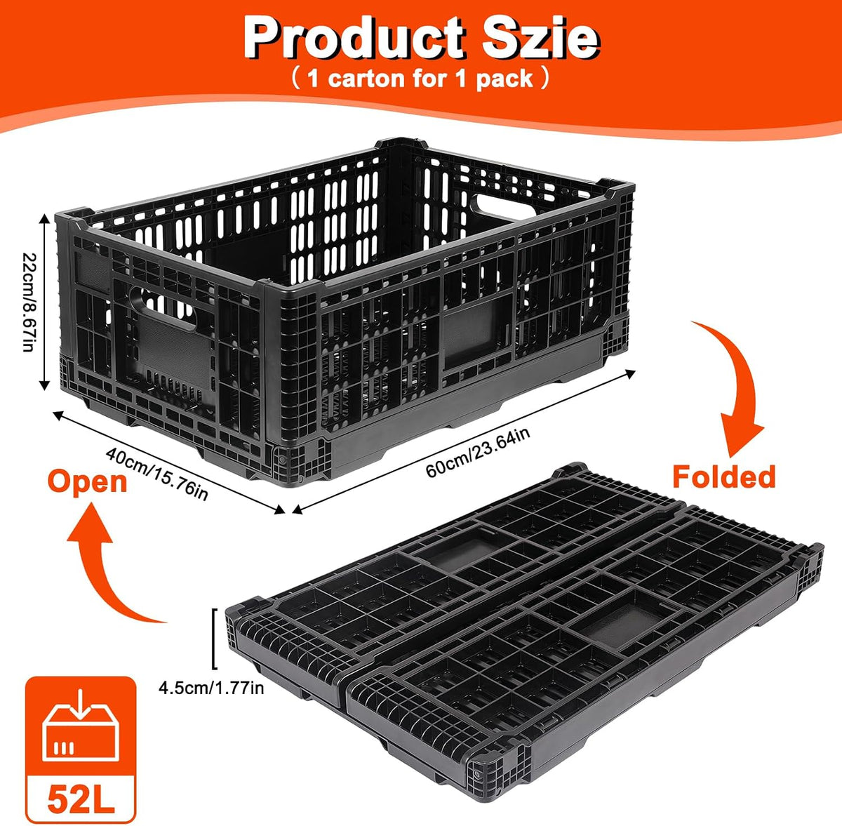 52L Milk Crate, Plastic Storage Crate with Handles, | Hold 130 lbs Per Bin, Large Collapsible Storage Bins for Home Organizing, Tools, Books, Camping & Transport