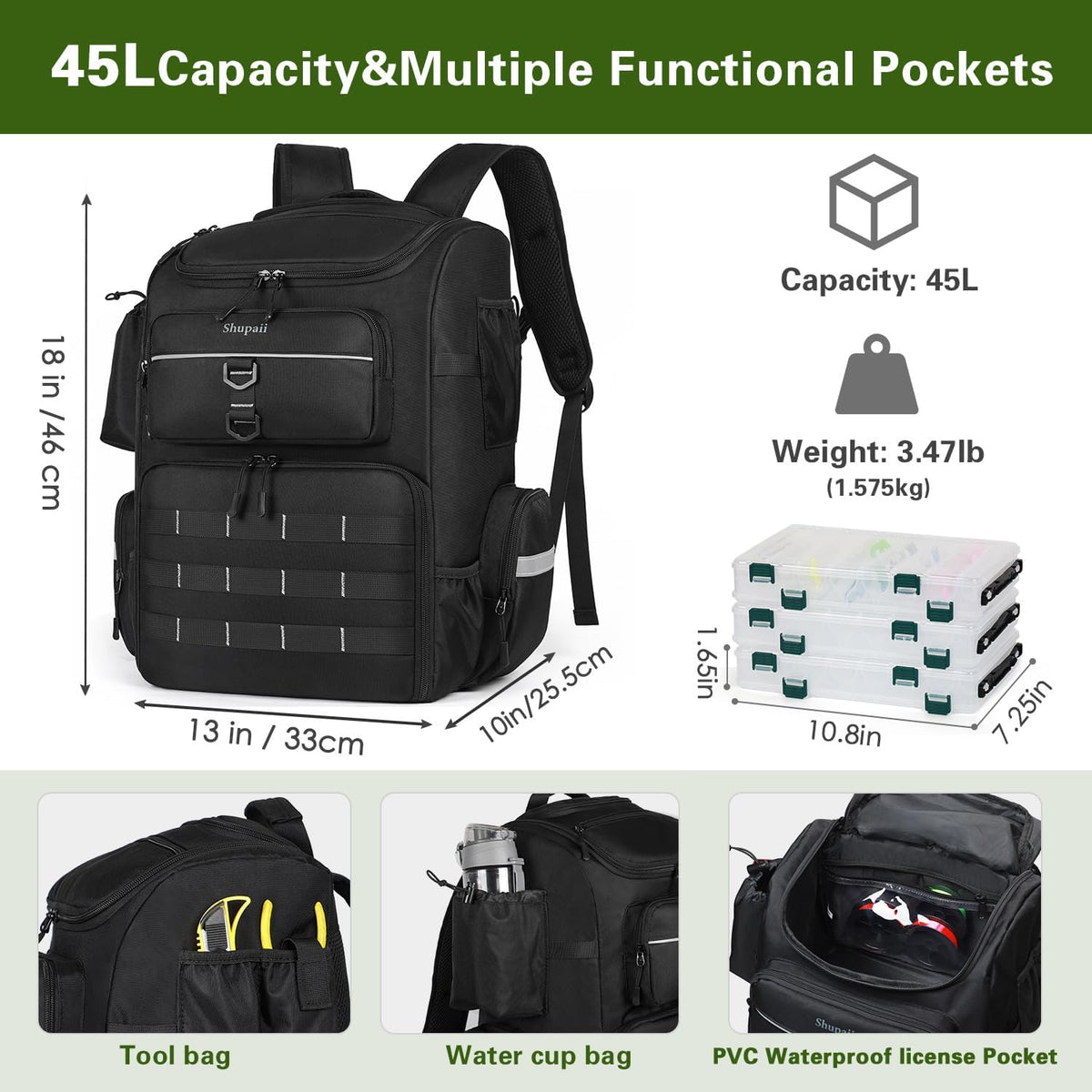 Skiennix Large Fishing Backpack - Waterproof 45L Tackle Bag with Rod Holders | Perfect Fishing Gear Gift for Men