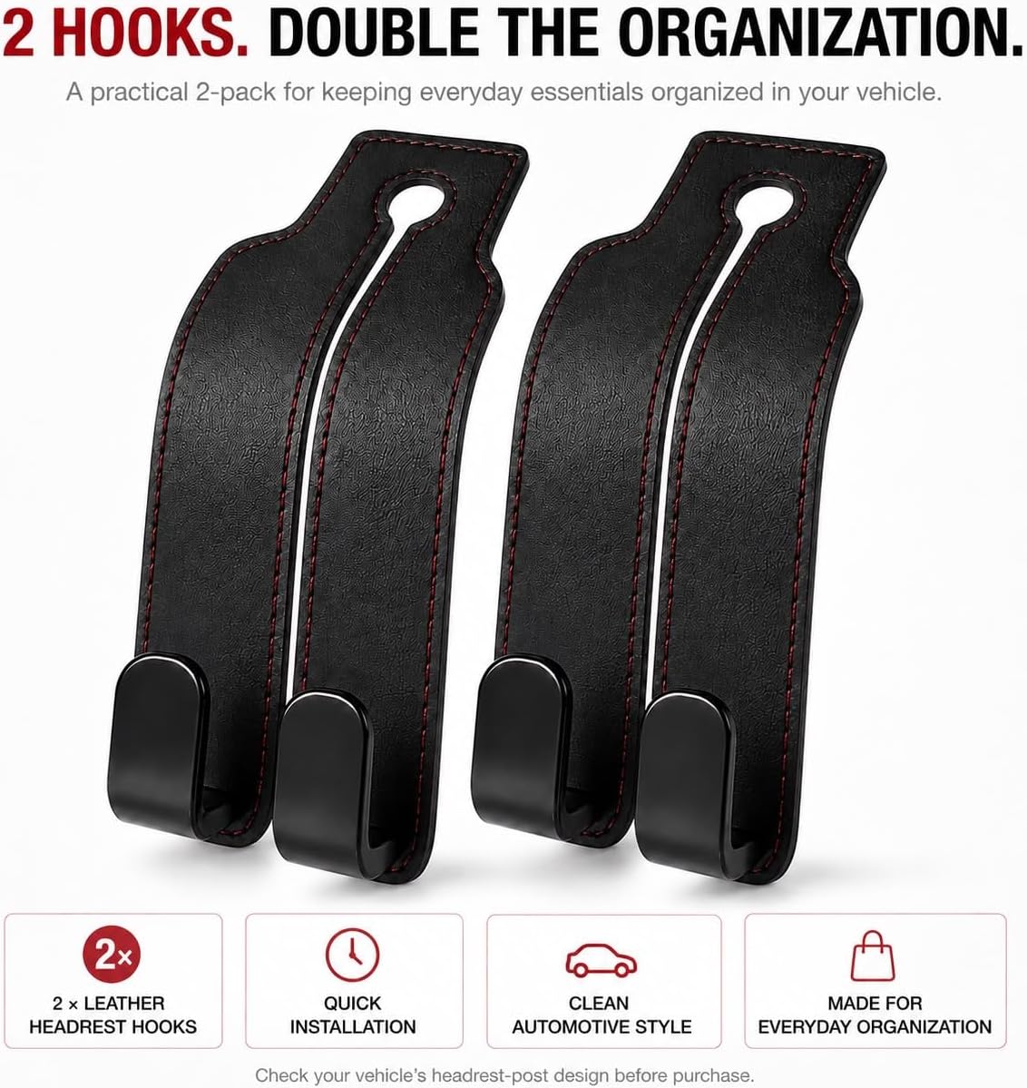 2 Pack Car Seat Headrest Hooks, Black Leather Car Purse Hangers with Red Stitching, Vehicle Back Seat Organizer Hooks for Handbags, Grocery Bags, Keys, Jackets and Accessories