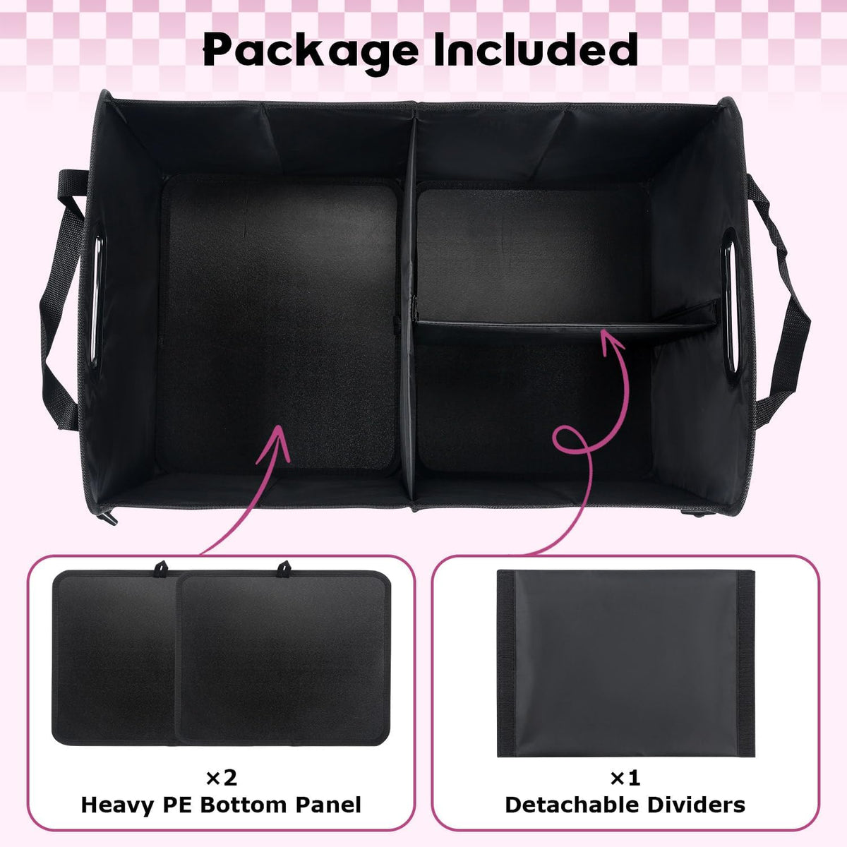 Car Trunk Organizer, 72L Large Capacity Waterproof Auto Storage Organizer with Non-Slip Bottom Strips, Collapsible Cargo Organizer for Suv, Truck, Sedan, Portable Car Accessories for Women Men(Pink)