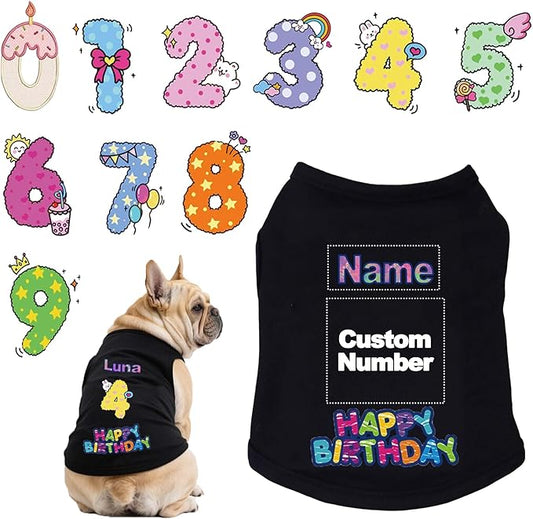 Custom Dog Birthday Shirt,Personalized Pet Apparel Print with Name Age Number,Pet Birthday Outfit,Lightweight Breathable Cotton Vest for Small Medium Large Dogs Cat (Black, Small)
