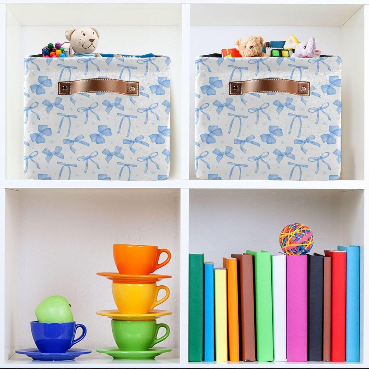 Blueangle Blue Ribbon Bow Rectangle Storage Bin, 15 x 11 x 9.5 in, Collapsible Organizer Storage Basket for Home Décor, 2PCS