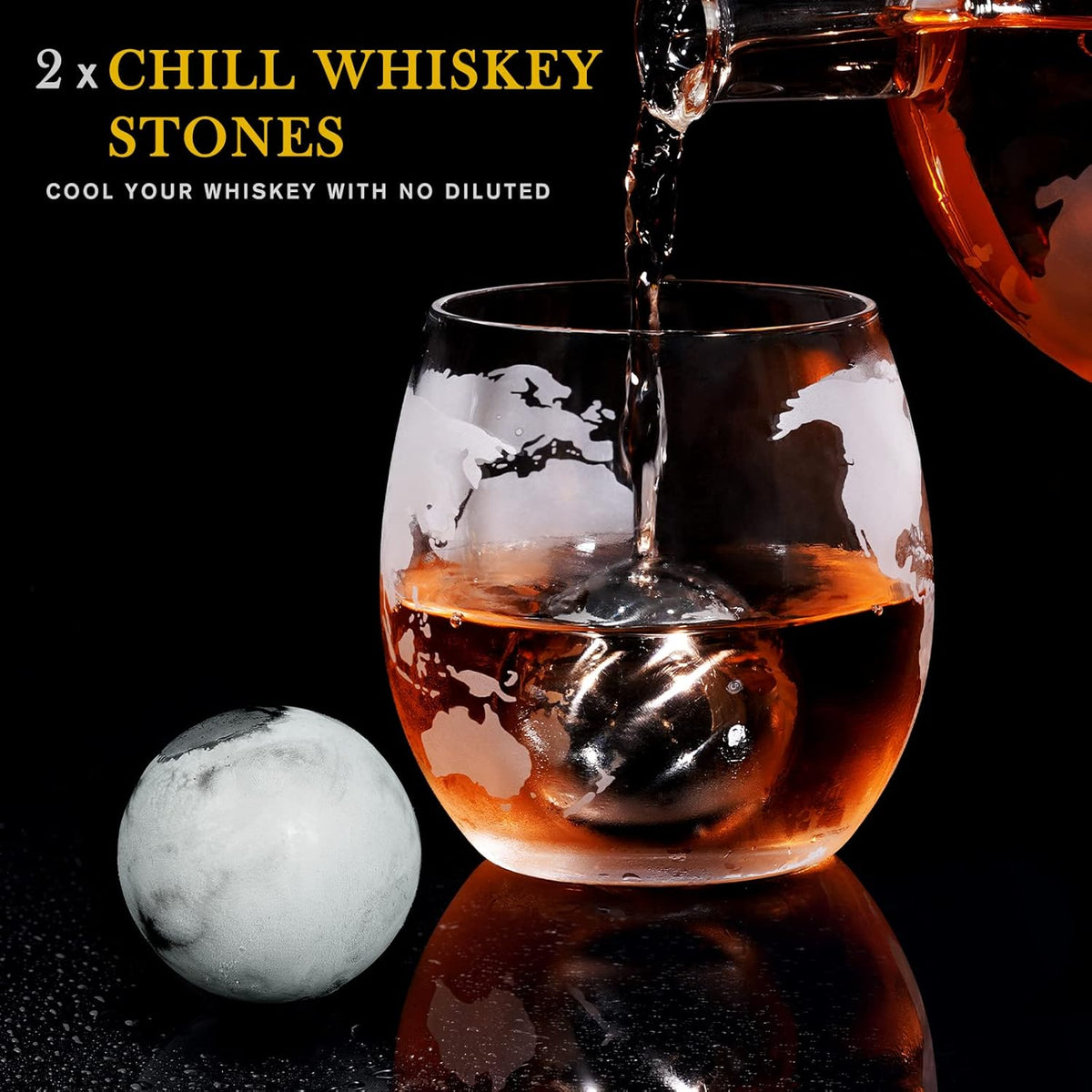 PONPUR Whiskey Decanter Globe Set - Includes 2 Glasses & 2 Ball Stones | Perfect Gift for Men, Dads & Husbands