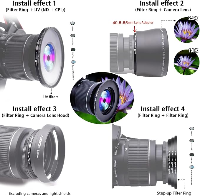 40.5mm Lens to 55mm Camera Lens Adapter, 40.5mm to 55mm Filter Step up Ring