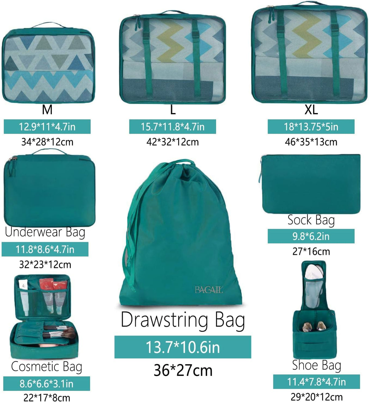 BAGAIL 8 Set Packing Cubes Luggage Packing Organizers for Travel Accessories-Aqua Color