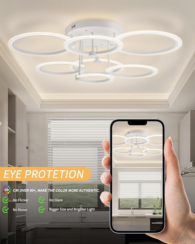 Smart LED Ceiling Light, 7-Ring Modern Flush Mount Fixture, 130W Dimmable