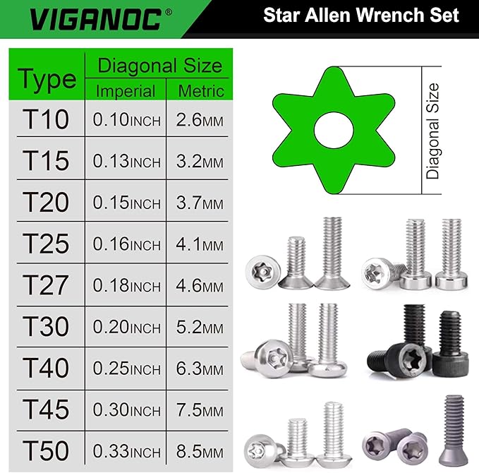 Chrome Vanadium Steel Long Arm Torx Star Allen Wrench Set, T10-T50, 9-Piece