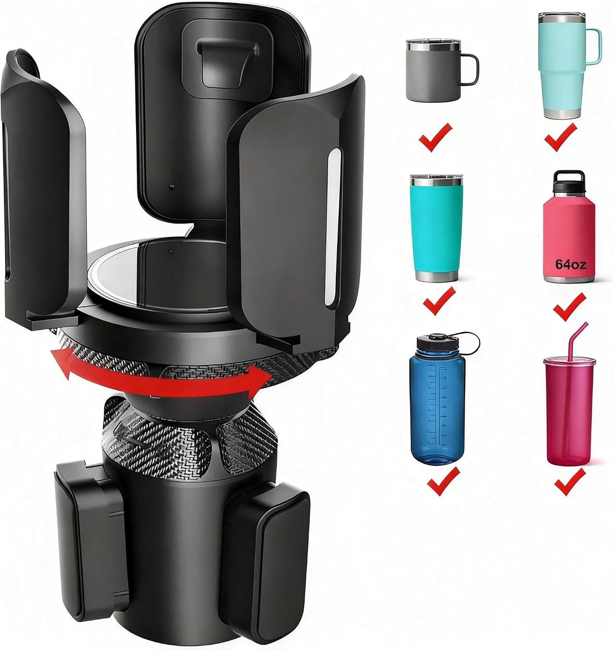 Car Cup Holder Expander, Adjustable 2.95"-5.5" for 10-64oz Bottles, Expandable Base with Anti-Slip Pads