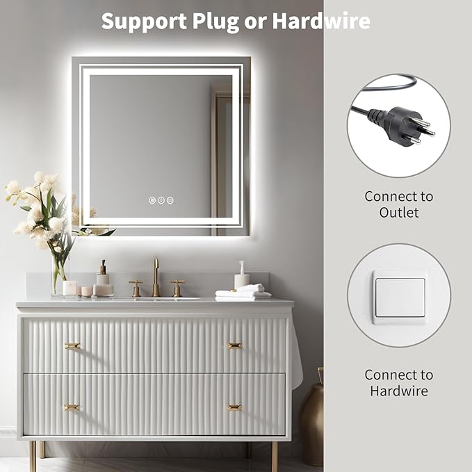 WTTY LED Bathroom Mirror 36"x36" with Backlit and Front Light,Stepless Dimmable LED Mirror for Bathroom,Anti-Fog Lighted Bathroom Vanity Mirror Modern,Memory Function,Shatter-Proof