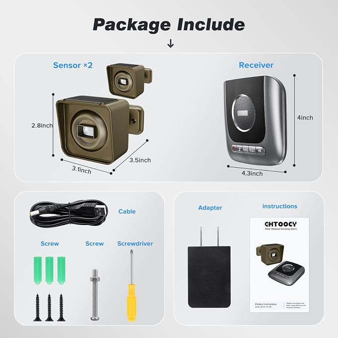 Solar Driveway Alarm Wireless Outside 1/2 Mile Long Range, 3 Sensitivity &