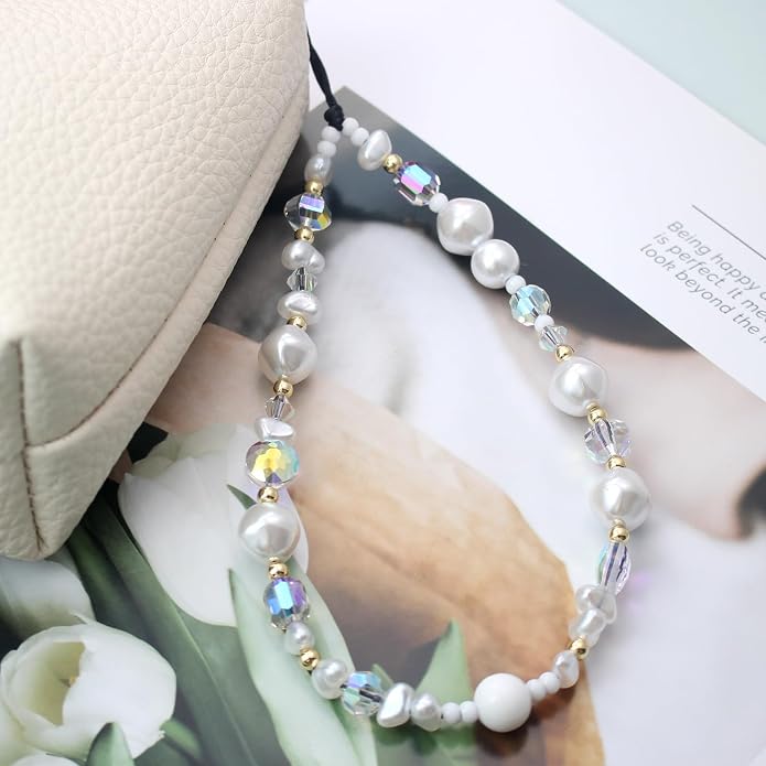 CMVFYL Beaded Camera Wrist Strap, Cute Phone Charms Strap, Pearl Bracelet Wrist