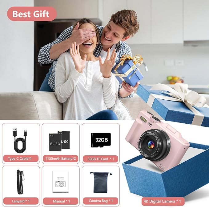 Digital Camera for Photography, 4K Vlogging Camera for YouTube 3" 180° Flip