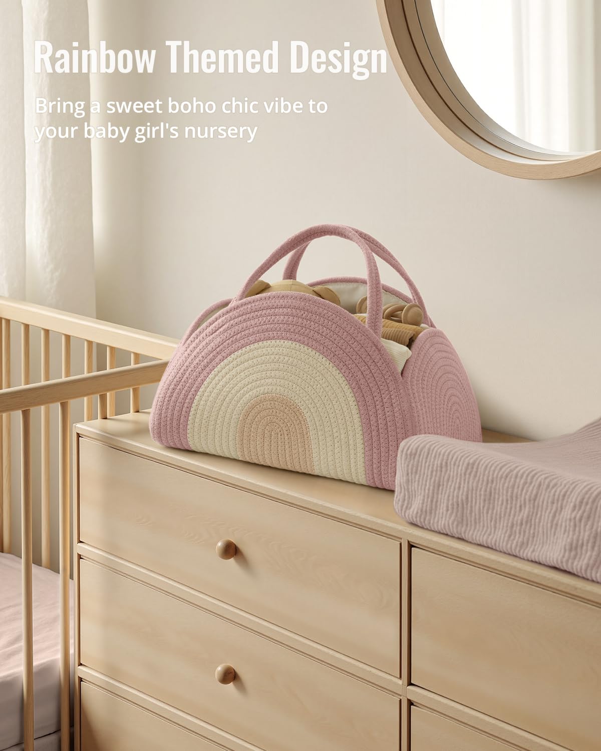 Blissful Diary Baby Diaper Caddy Organizer, Cotton Rope Diaper Caddy Basket, Large Storage Basket for Newborn Boys and Girls, Gift for Baby Shower List, Newborn Essentials, Blush Rainbow