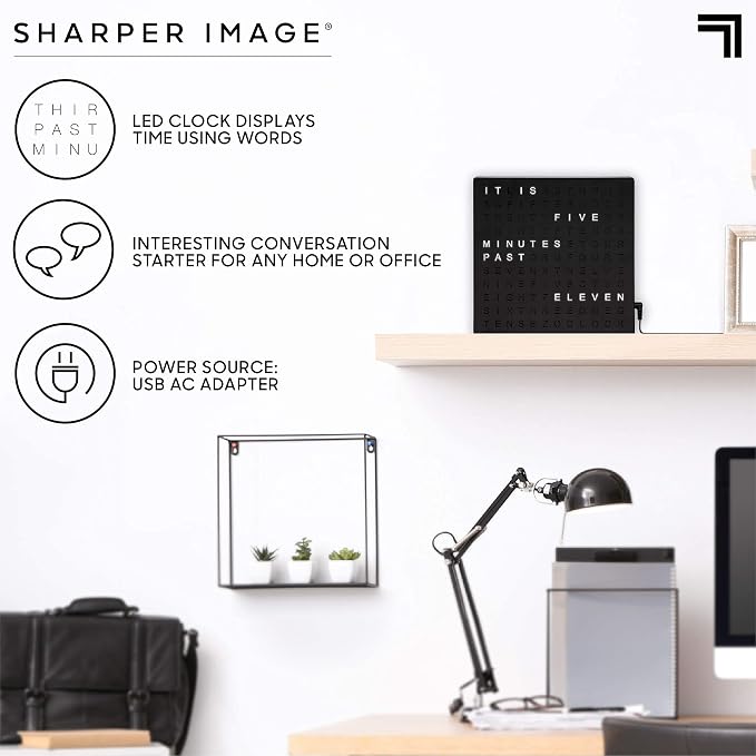 Sharper Image LED Word Digital Clock, Light-Up Desk & Wall Clock, Modern Time
