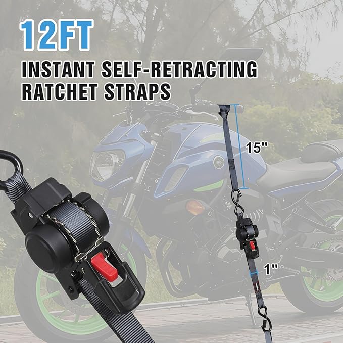 Retractable Ratchet Straps12FT Automatic Ratchet Tie Down Straps Self Ratcheting Cargo Straps for Motorcycle, Truck, Boat