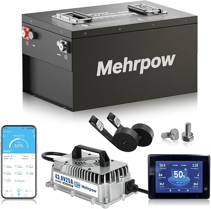 36V 100Ah lithium battery with Bluetooth 200A battery management system and LCD display, supporting over 6,000 charge/discharge cycles and a 25A charger, specifically designed for golf carts.