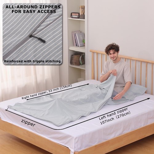 Exermil 100% Cotton Sleeping Bag Liner with Full Length Zipper on 3 Sides; Single/Double Adult Sleep Sack for Travel & Camping, Multifunctional Travel Sheets (Unzipped 87”x87”) for Hotel, Lightweight