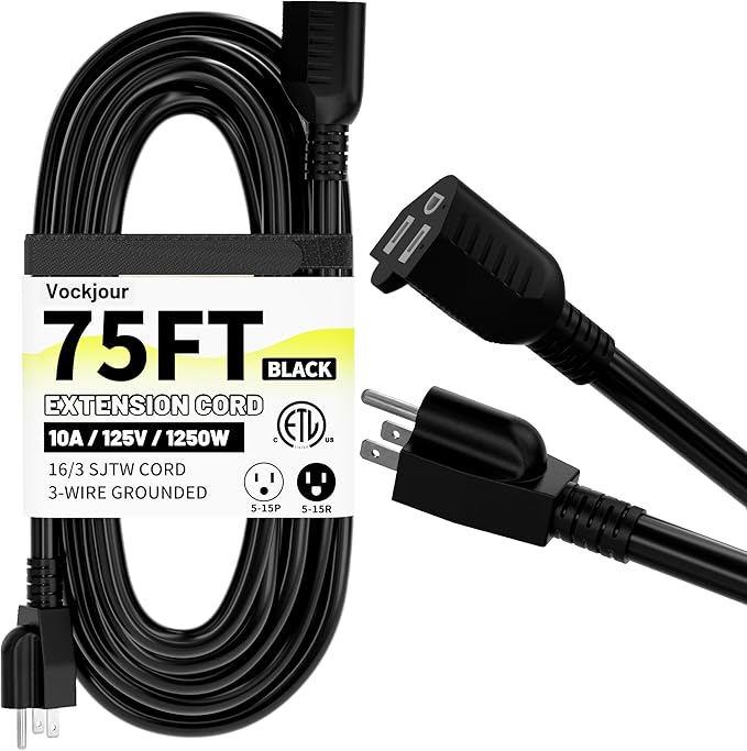 75 Ft 10A 1250W 16AWG Black Indoor Outdoor Extension Cord Waterproof, Extension Cord with 3 Prong Grounded Plug, Flexible Weatherproof Power Cable, SJTW