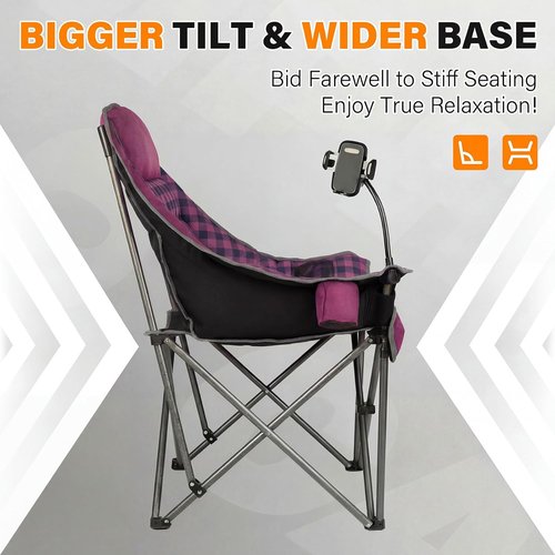 Heavy Duty Oversized Camping Chair by [Brand Name] - Extra Large Folding Padded Chair in Purple Plaid for Outdoor Comfort