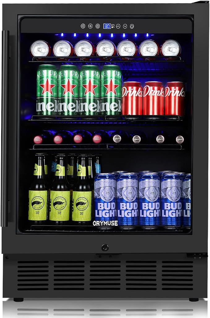Beverage Refrigerator 24 Inch, 180 Can Drink Fridge with Glass Door, Under Counter or Freestanding Beverage Cooler for Soda, Beer, Wine – Quiet Cooling for Kitchen, Bar, Office, Black