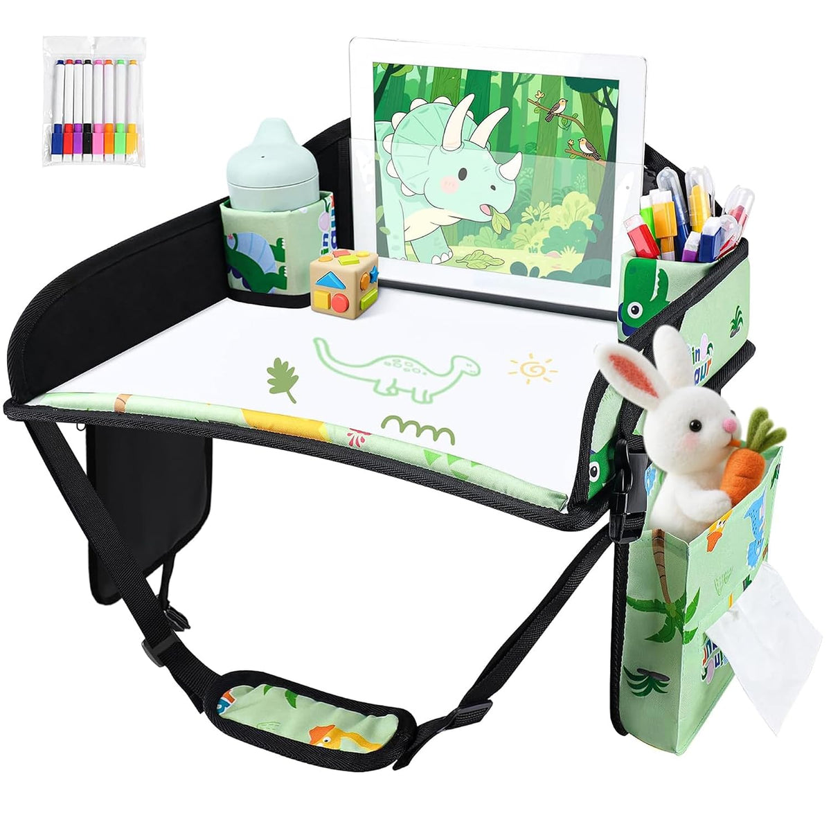 Kids Travel Tray, Kids Travel Trays for Car Seat, Road Trip Essentials for Toddler, Carseat Lap Tray with Dry Erase Board & Storage Organizer for Road Trip Activities for Kid, Green