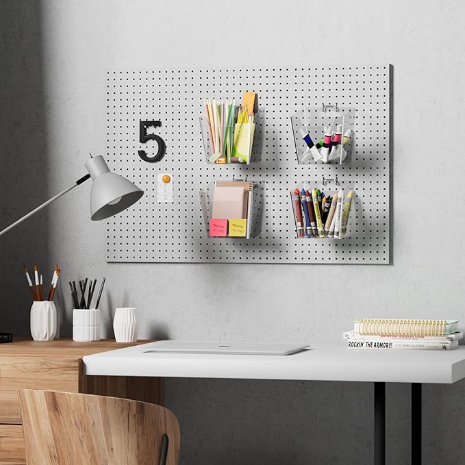 G.CORE Large Pegboard Cups Peg Board Storage Bin 6 Pack with Hooks, Square Box Shape Pegboard Cup Holder Accessories for Garage Workbench/Craft Room/Office/Playroom/Home Kitchen Organization (Clear)