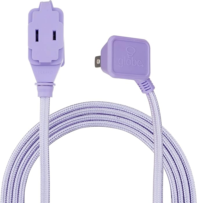 GLOBE Electric 22892 Designer Series 9-ft Fabric Extension Cord, 3 Polarized Outlets, Right Angle Plug, 125 Volts, Metallic Purple