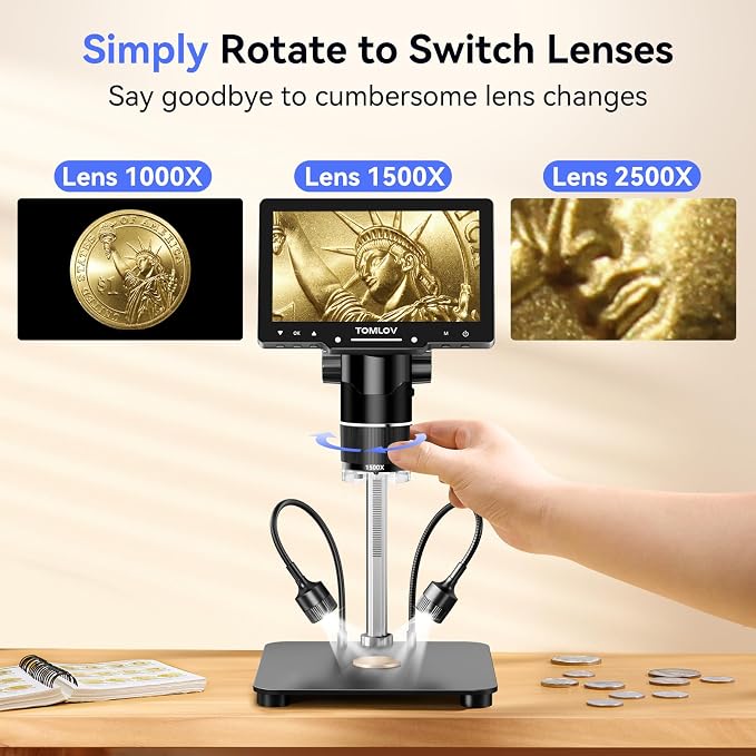TOMLOV TriL107 3-Lens Digital Microscope: 7" 2500X 2K HD Coin Microscope