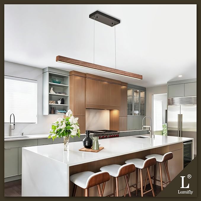 Linear Pendant Light 39 Inches Wood Grin Finish Island Light Modern LED Hanging