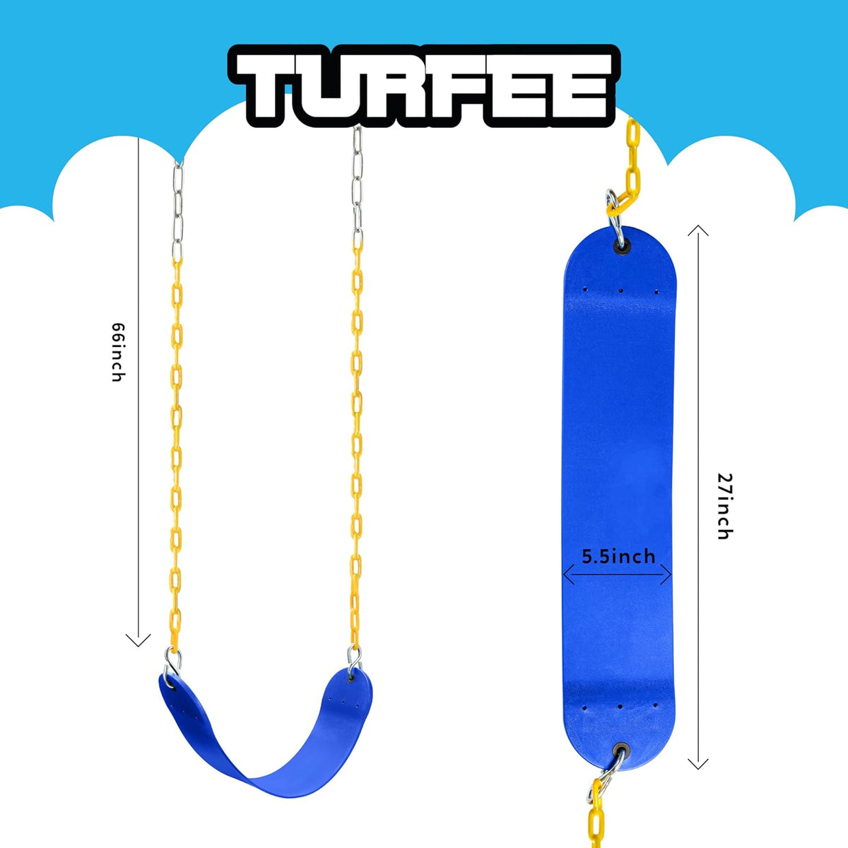 TURFEE Swing Seat Replacement Kit - 2 Pack with 66" Heavy Duty Chains & 4 Snap Hooks | Blue