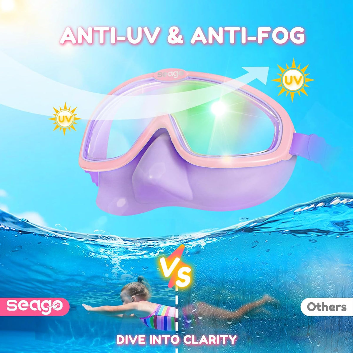 Seago Kids Swim Goggles - Anti-Fog Clear View | 2-Pack for Ages 3-12 with Nose Cover