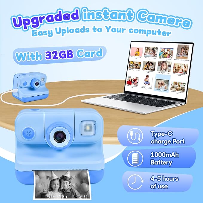 Kids Instant Print Camera, 30MP 1080P HD Digital Camera
