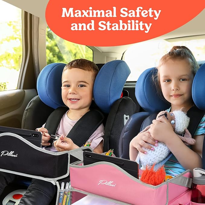 PILLANI Kids Travel Tray for Car - Car Seat Tray for Kids Travel, Road Trip Essentials, Carseat Table for Roadtrip Activities - Must Have Toddler Lap Desk Organizer for Airplane - Car Accessories