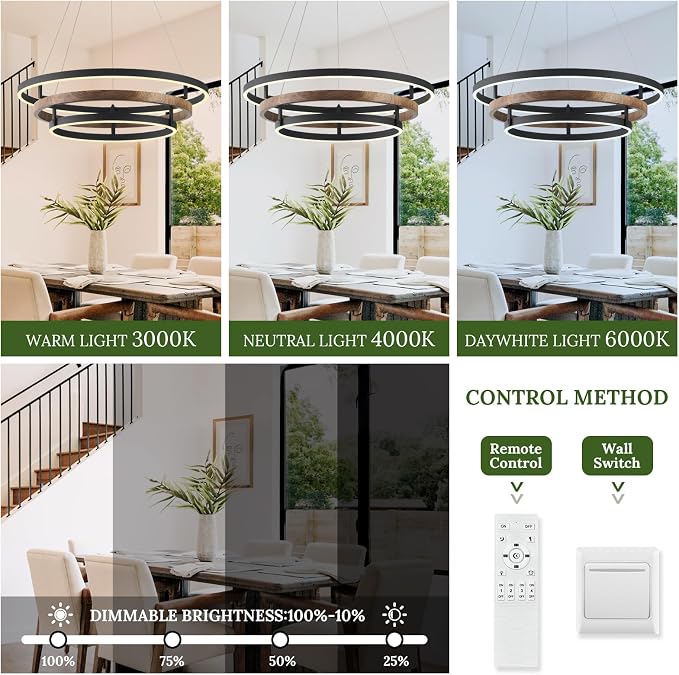3 Ring LED Chandelier Black Round Chandelier Light Fixture Dimmable Farmhouse