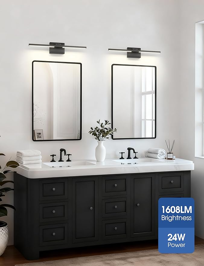 VOLISUN Bathroom Vanity Light 24 inch, 5CCT Dimmable, 24W LED Bathroom Light Fixture Over Mirror, Black Bar Vanity Lights for Bathrooms Mirror Cabinets -ETL Certificated
