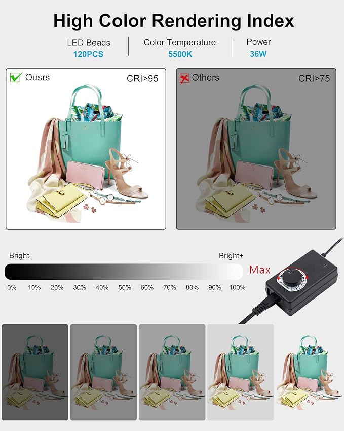 PULUZ 24x24 Inch Photo Studio Light Box, Dimmable 136 LED Beads CRI≥95 Foldable