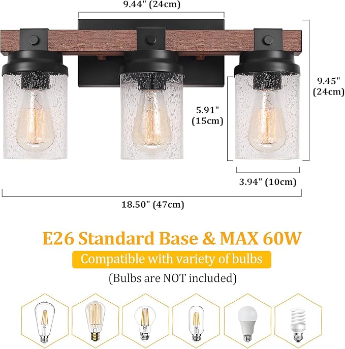 Farmhouse Vanity Light Fixtures, 3-Light Rustic Bathroom Lights Over Mirror with Pretty Glass Shade, Industrial Black Metal Wood Wall Decor Sconces for Living Room Hallway Stairway UL-Listed