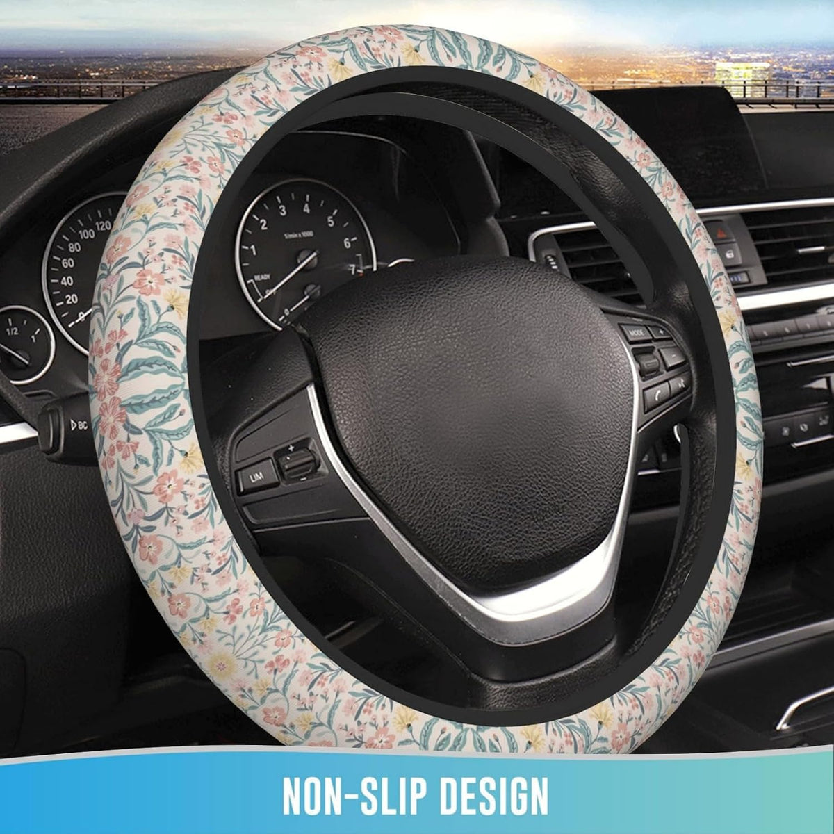 Elastic Steering Wheel Cover, 15 Inch Absorbing Sweat, Pink Flowers