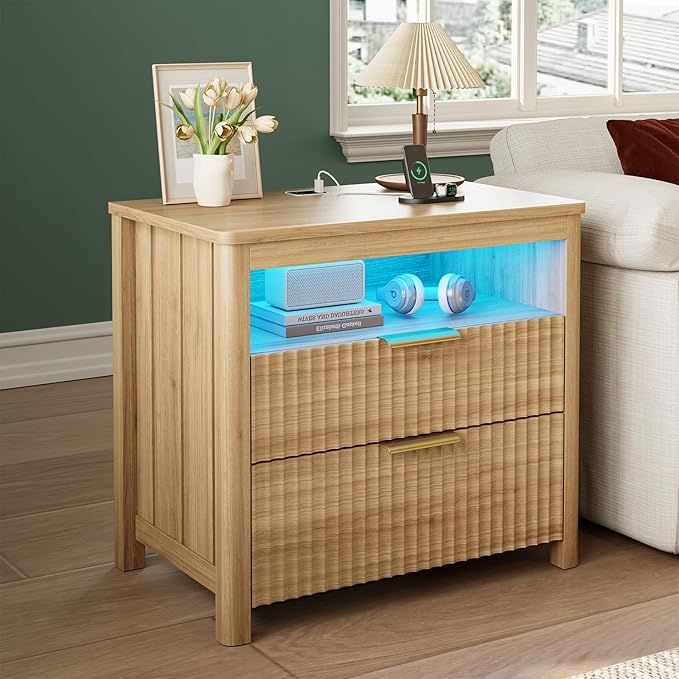 HNEBC Nightstand with Gun Drawer for Bedroom, Wood Night Stand with Hidden Compartment, Auto LED Lighted, Charger Station, 2 Drawer, 23.6" Wider Bedside Table for Dorm,Sofa,Office