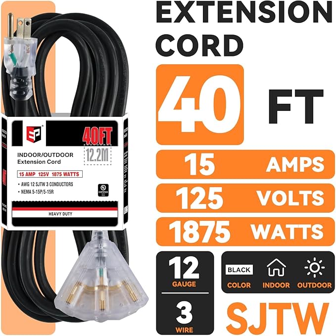 EP 40 Ft 12 Gauge Heavy Duty Extension Cord, 15A 125V 1875W, 3 Outlet Indoor/Outdoor Power Cord with Lighted End, 12/3 SJTW Weatherproof Black