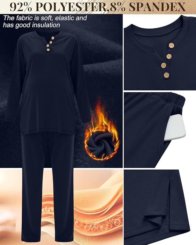 2 Piece Thermal Maternity Lounge Set Postpartum Pregnancy Fleece Loungewear Long Sleeve Top and Wide Leg Pant