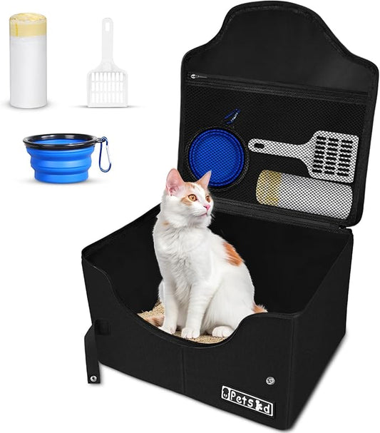 Petskd Portable Travel Litter Box for Cats with Lid and 10 pcs Liner Bags, Light Weight, Leak-Proof and Higher Sides for Road Trips, Hotel Stays, Car Travel(Black)