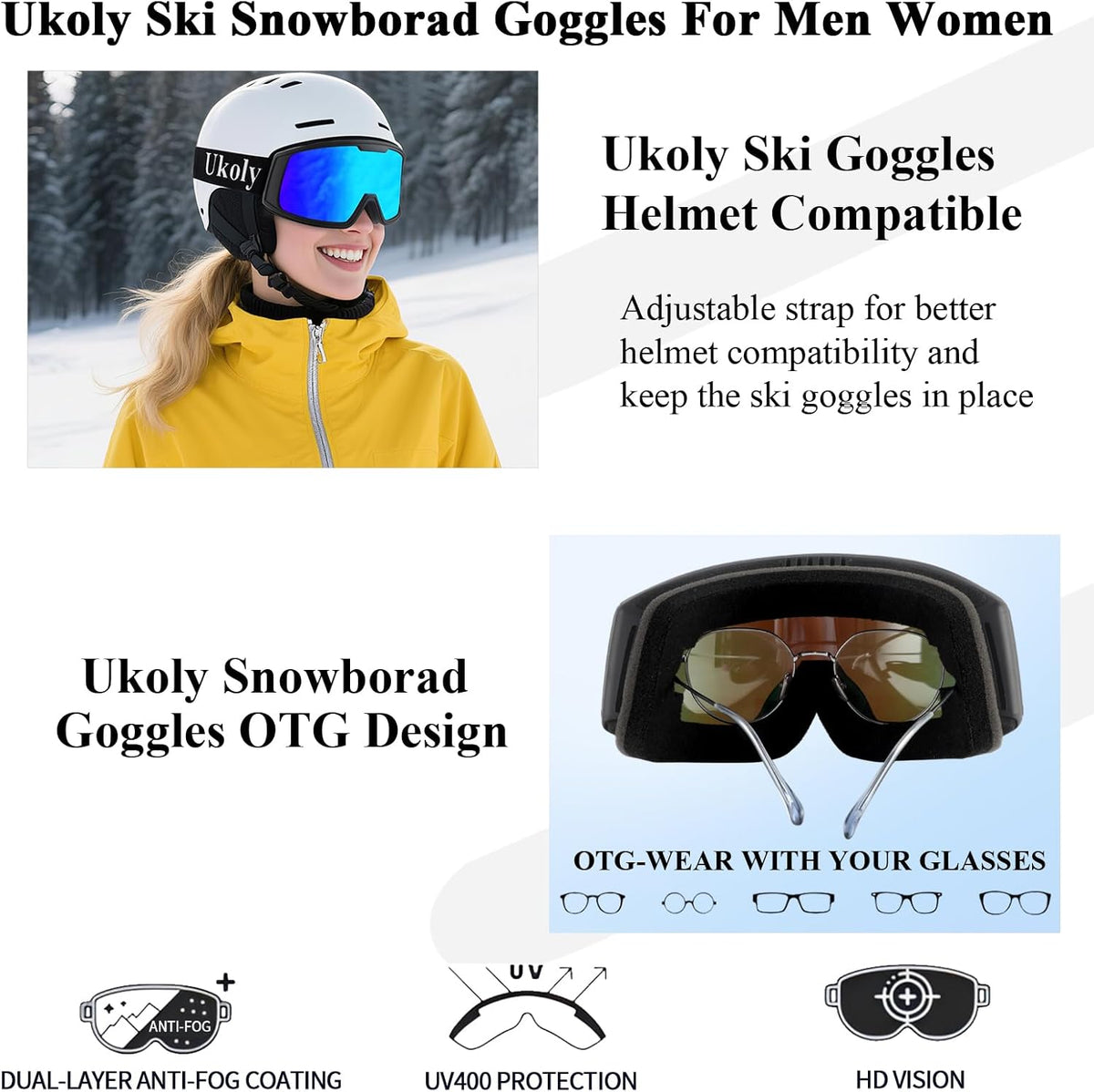 Ukoly Ski & Snowboard Goggles - HD Anti-Fog Lens, UV400 Protection, OTG Design for Men & Women