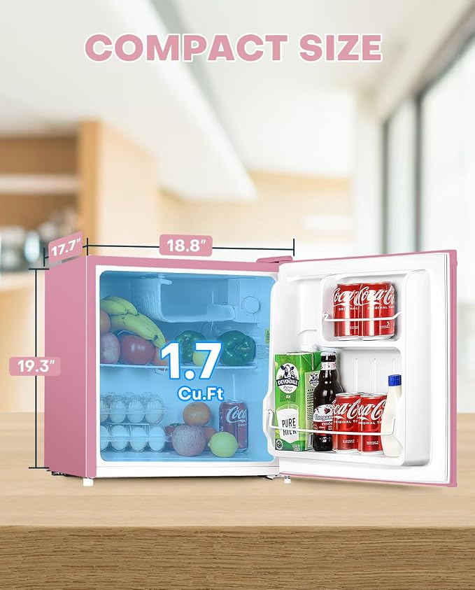 Upstreman 1.7 Cu.ft Mini Fridge with Freezer, Pink-FR17 | Dorm Essentials, Adjustable Thermostat, Energy Saving, Low Noise, Compact Refrigerator for Dorm, Office, Bedroom