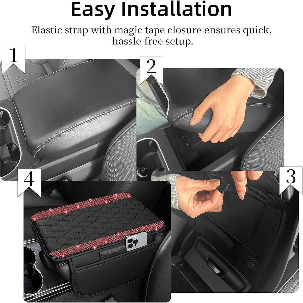 NBTEPEM Bling Car Center Console Cover, Leather Car Arm Rest Cover Cushion with 2 Storage Bags, Middle Console Cover Universal Armrest Protector Pads, Bling Accessories for Most Vehicles (Red)