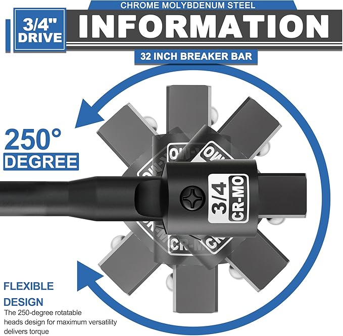 3/4” Drive 32 Inch Breaker Bar, Heavy Duty Head, Premium Chromium-Molybdenum Steel, Laser Etched Marking, for Loosen Rusted, Stubborn, Stuck Nuts and Bolts