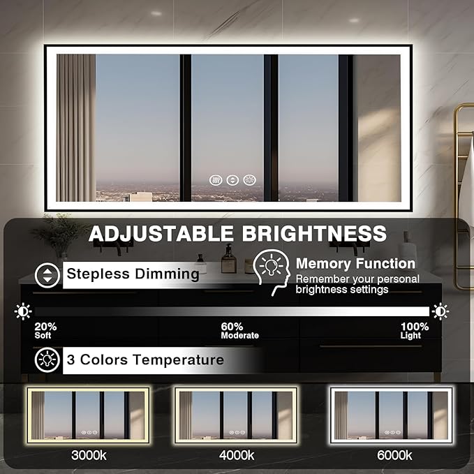 72x32 LED Bathroom Vanity Mirror - Black Aluminum Framed (Front and Backlit), Anti-Fog Large Mirror with Lights,Stepless 3 Colors Dimmable Lighted Mirror(Horizontal/Vertical)